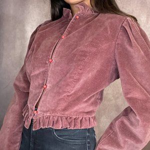 Vintage 70s 80s Ruffle Corduroy Cropped Jacket Puff Sleeve Maroon Burgundy Small